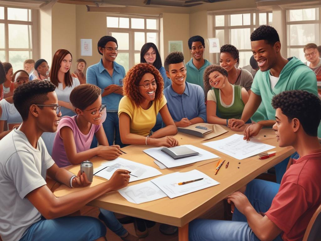 A realistic illustration depicting a diverse group of young people participating in a community workshop, engaging and collaborating.