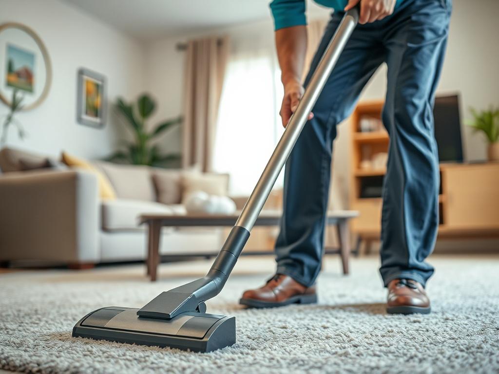 A close-up shot of a professional cleaner vacuuming a living room carpet, showcasing vibrant colors and a tidy environment. The cleaner is wearing a uniform, focused on the task. The background features a well-organized living space with minimal furniture, emphasizing cleanliness and order. The lighting is bright and inviting, highlighting the details of the cleaning process. The image should be captured with a 45mm f/1.2 lens for hyper-realistic quality.