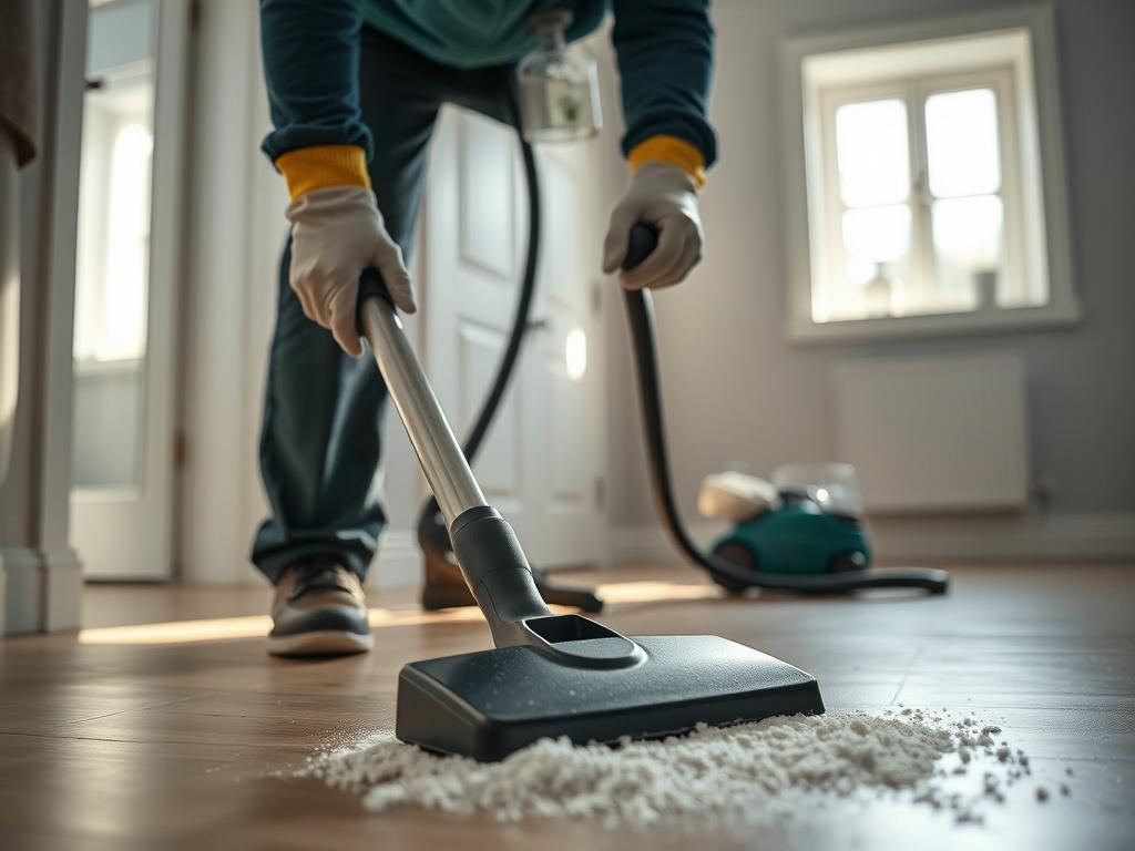 A close-up shot of a professional cleaner in action, meticulously cleaning a newly renovated room. The cleaner is wearing gloves and using a vacuum to remove dust and debris from the floor. The background shows freshly painted walls and new flooring, with sunlight streaming through a window, highlighting the cleanliness of the space. The image should be hyper-realistic, focusing on the details of the cleaning process, and compatible with the color rgb(2, 86, 197).