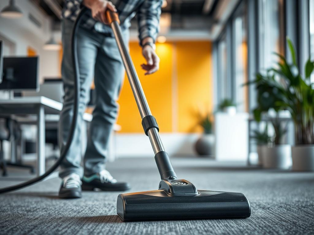 A hyper-realistic close-up shot of a professional cleaner in action, using a vacuum cleaner in a well-lit office space. The background shows a clean and organized workspace with desks, computers, and potted plants, focusing on the cleaner's diligent work. The image captures the essence of cleanliness and professionalism, shot with a 45mm f/1.2 lens style.
