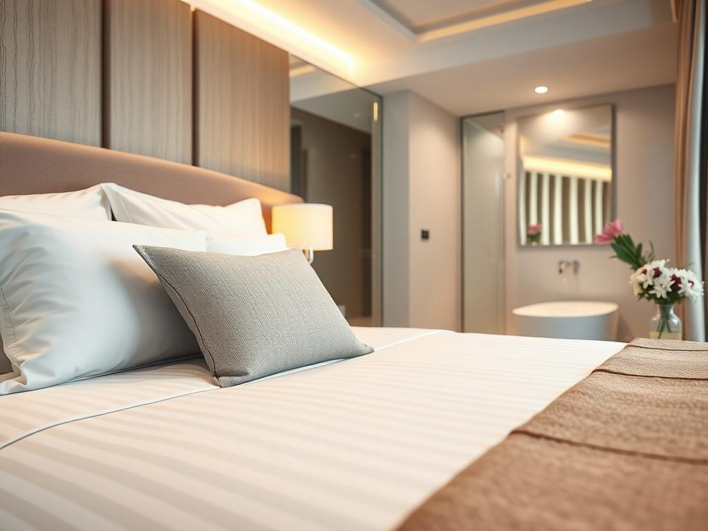 A close-up shot of a beautifully cleaned hotel room with plush bedding, neatly arranged pillows, and a sparkling clean bathroom in the background. The room should have soft, warm lighting, highlighting the fresh ambiance. The focus is on the bed with crisp white linens, a decorative throw, and a bedside table with a vase of fresh flowers. The overall composition should evoke a sense of cleanliness and comfort, suitable for hospitality spaces.