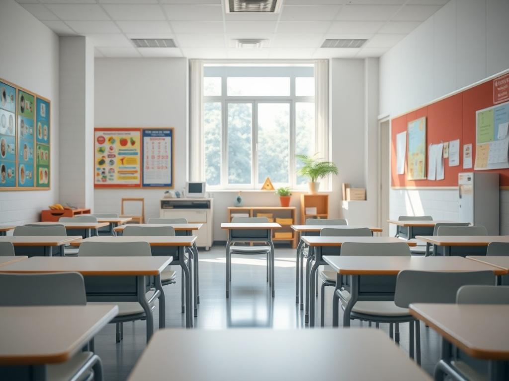 A close-up shot of a clean and well-organized classroom, featuring neatly arranged desks, vibrant educational posters on the walls, and natural light streaming through large windows. The focus is on the cleanliness and orderliness of the environment, showcasing a safe and hygienic space for students. The image should be realistic and high-resolution, captured with a 45mm f/1.2 lens style, with a background that highlights the educational setting.