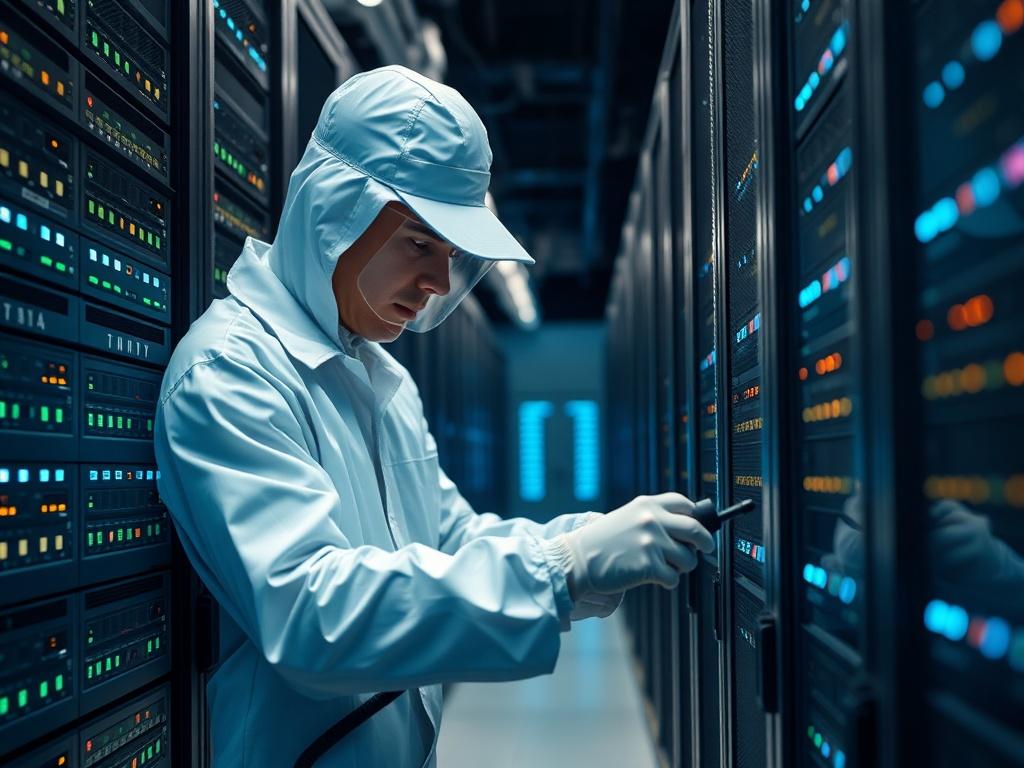 A hyper-realistic close-up shot of a data center cleaning session, featuring a technician in a clean uniform carefully using specialized equipment to clean high-tech server racks. The background shows rows of servers with blinking lights, creating a high-tech ambiance. The composition focuses on the technician's attention to detail, with soft lighting highlighting the clean surfaces and sleek design of the data center.