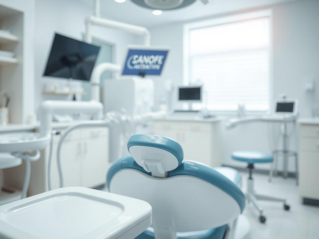 A hyper-realistic image of a dental unit being meticulously cleaned and sanitized. The focus should be on a dental chair with bright, clean surfaces, and professional cleaning tools in use. The background should be a well-lit dental clinic, highlighting a sterile and organized environment. The composition should convey a sense of hygiene and professionalism, shot with a 45mm f/1.2 lens to capture fine details.