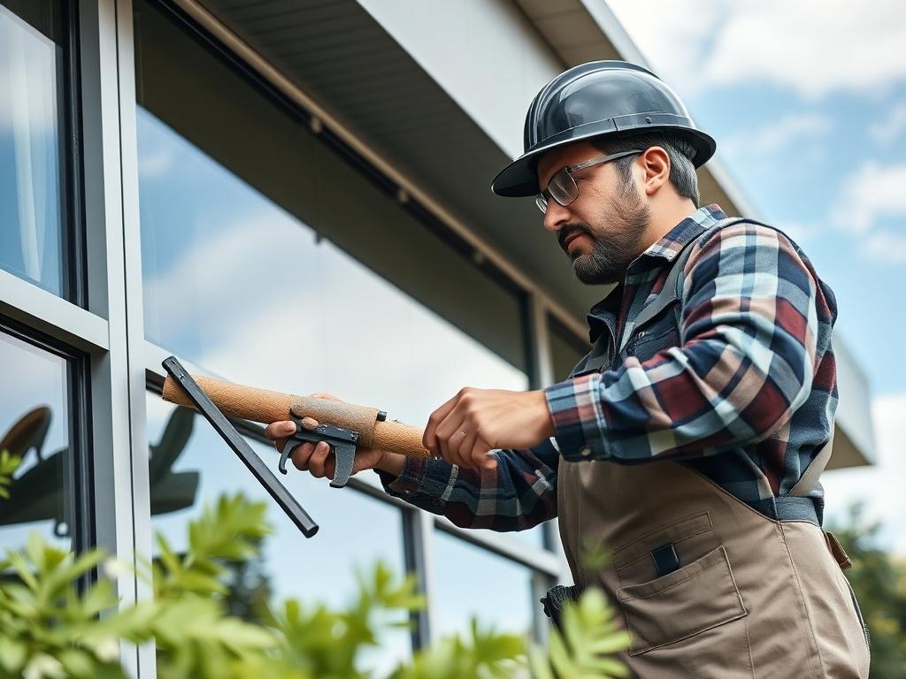 A detailed shot of a maintenance worker inspecting a commercial
