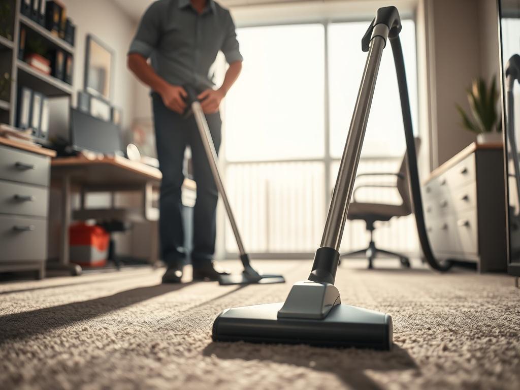 A close up shot of a janitor cleaning an office