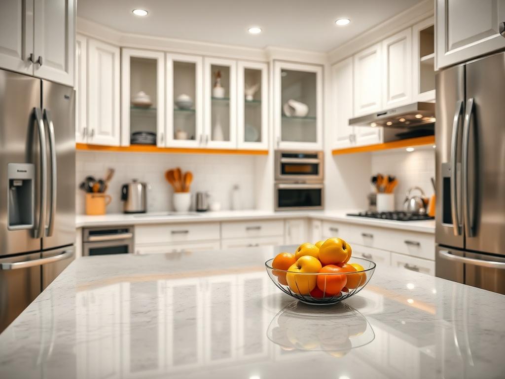 An immaculate kitchen showcasing gleaming countertops, spotless appliances, and organized cabinets. The image should focus on the kitchen island with a shiny surface and a bowl of fresh fruit, suggesting cleanliness and freshness. No people should be present, allowing the viewer to admire the details, such as perfectly arranged utensils and sparkling fixtures. The background should feature a bright, airy atmosphere, enhancing the appeal of a professionally cleaned kitchen.