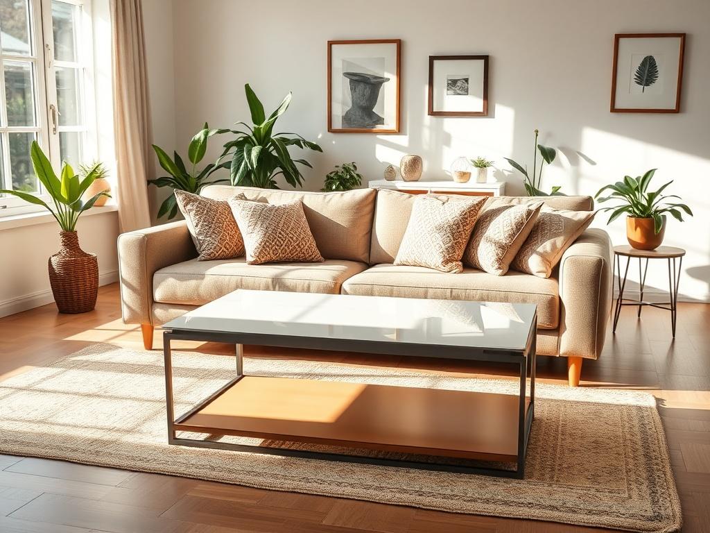 A cozy living room after a deep cleaning session. The image should show a comfortable sofa, neatly arranged cushions, and a sparkling coffee table. Sunlight should illuminate the room, emphasizing the cleanliness of the floor and dust-free surfaces. No people should be present, allowing the viewer to appreciate the transformation. The background should include houseplants and tasteful decor, conveying a warm and inviting atmosphere that highlights the effectiveness of professional cleaning.