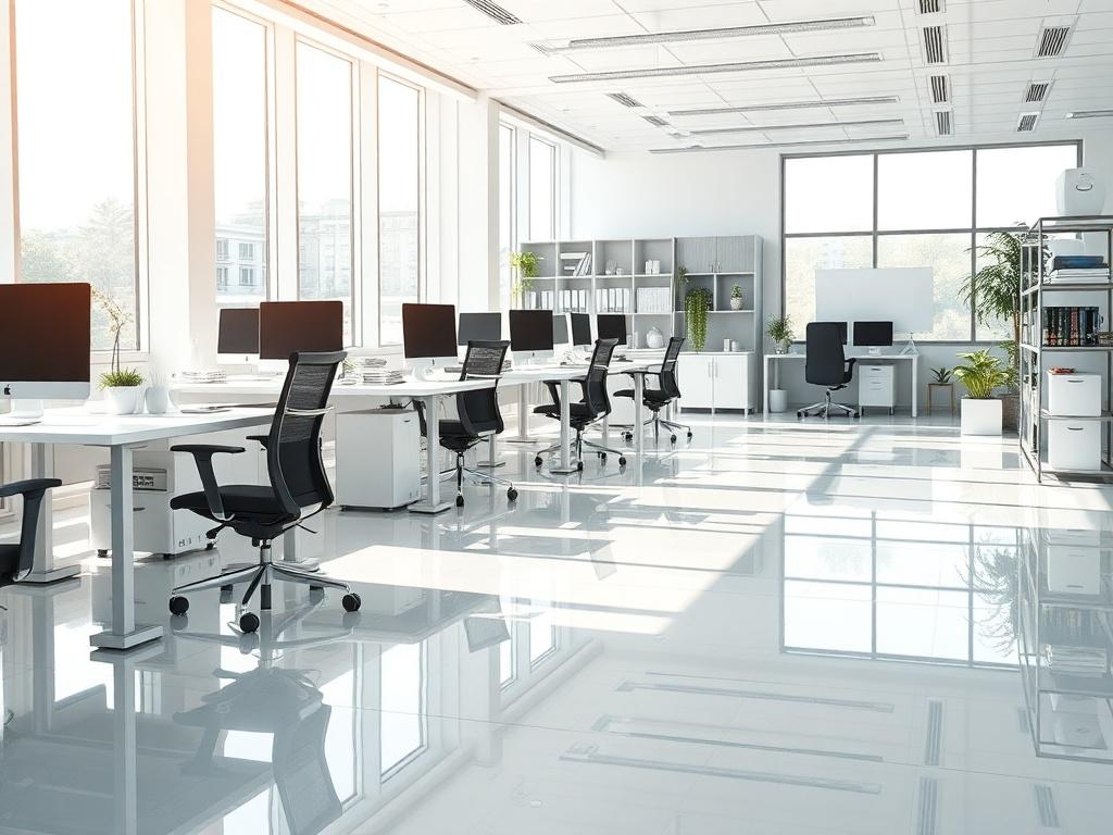 A clean, modern office space showcasing freshly cleaned desks, gleaming floors, and neatly organized supplies. The image should capture the pristine environment with sunlight streaming through large windows, highlighting the cleanliness. There should be no people in the image, only the immaculate workspace with a focus on details like polished surfaces and tidy workstations. The background should feature minimalistic decor, enhancing the feeling of a well-maintained office.