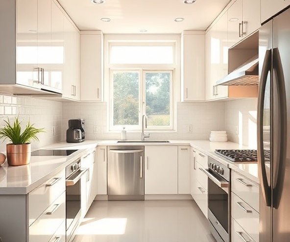 Sparkling clean modern kitchen with stainless steel appliances