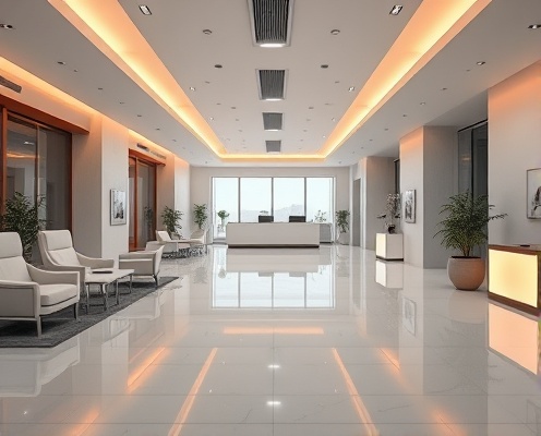 Immaculate commercial office lobby with gleaming floors