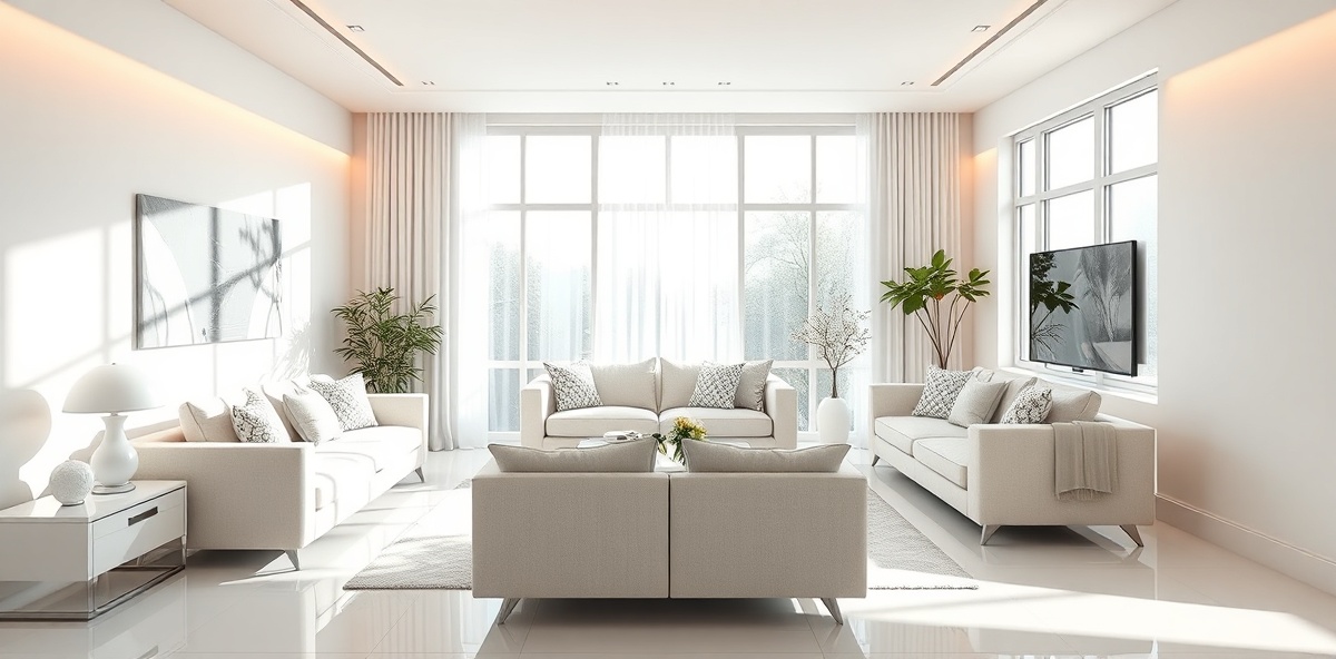 Bright, clean modern living room with sunlight