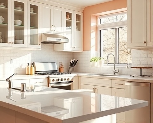 Immaculate kitchen countertops with gleaming surfaces