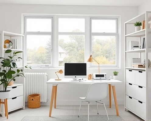 Bright organized home office with clean desk