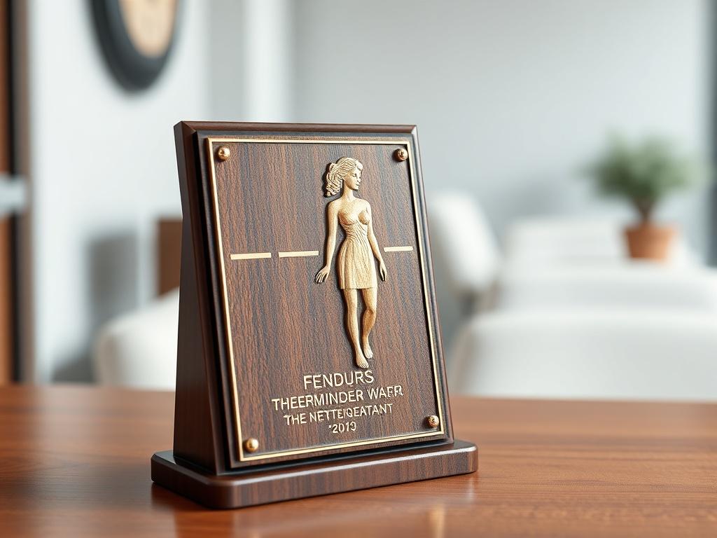 A close-up shot of an award plaque symbolizing gender equality, displayed on a clean and simple surface. The plaque should feature a female figure, representing empowerment, elegantly carved into its design. The background should be lightly blurred, emphasizing the plaque while maintaining an inviting atmosphere. Colors should align with the primary color rgb(154, 47, 63) to symbolize strength and commitment.