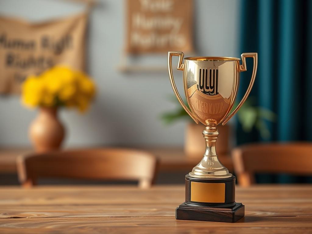A close-up shot of a trophy symbolizing human rights advocacy, placed on a simple wooden table. The trophy should be elegantly designed, reflecting a sense of achievement and prestige. The background should be softly blurred, ensuring the focus remains on the trophy. The colors should harmonize with an earthy palette to reflect the community aspect, while hinting at the primary color rgb(154, 47, 63) subtly in the decor.