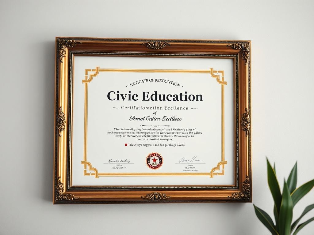 A close-up shot of a certificate of recognition for civic education excellence, elegantly framed on a wall. The certificate should have clear and bold lettering to signify its importance. The background should be softly blurred, giving a professional and inspiring feel, while subtly incorporating elements of the primary color rgb(154, 47, 63) in the framing or decor.