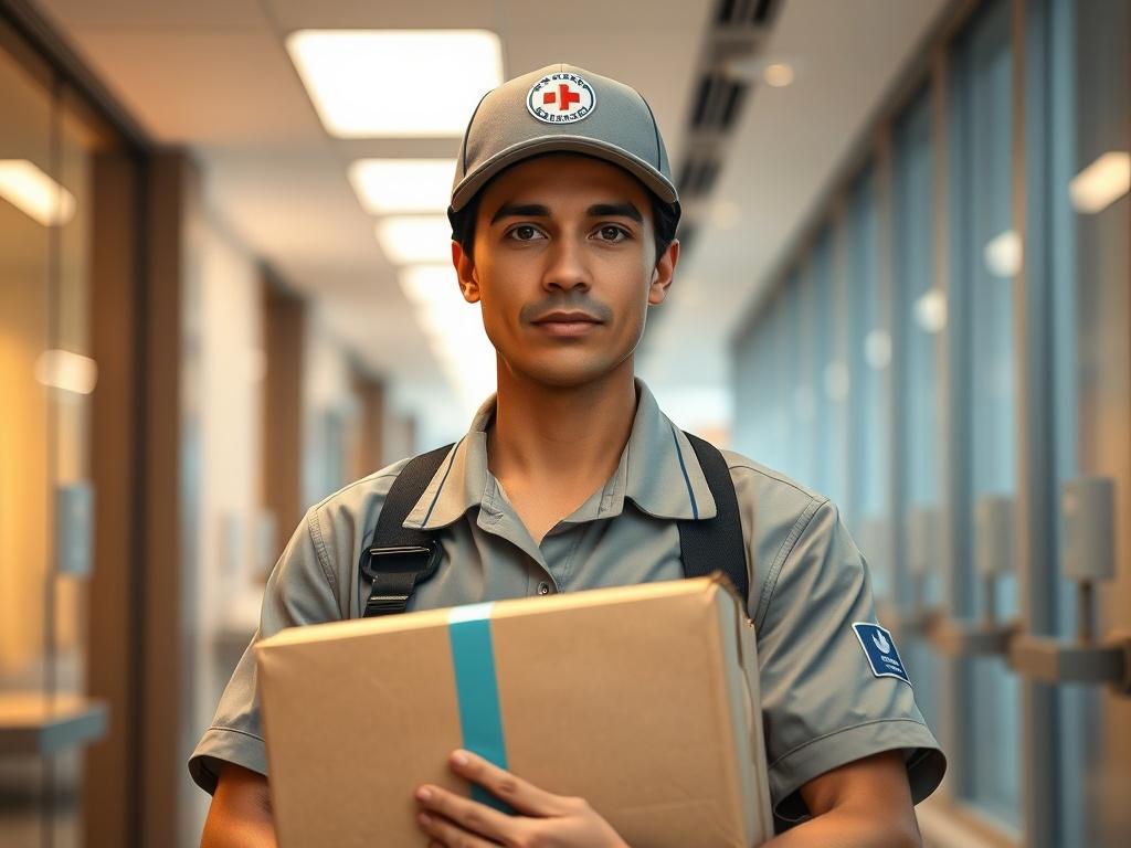 A close up shot of a medical courier in uniform,