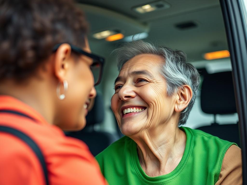 A close up shot of a smiling patient being assisted