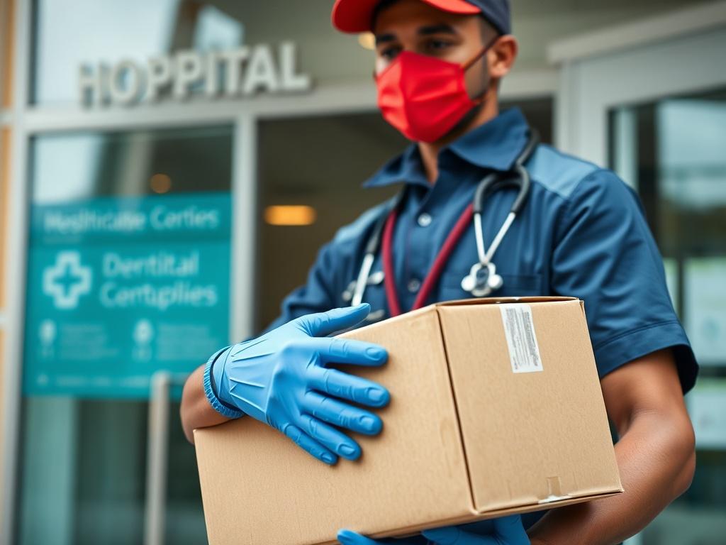 A close up shot of a medical courier delivering a