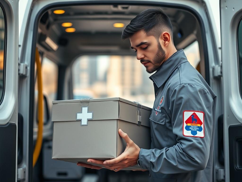A close up shot of a medical courier in a