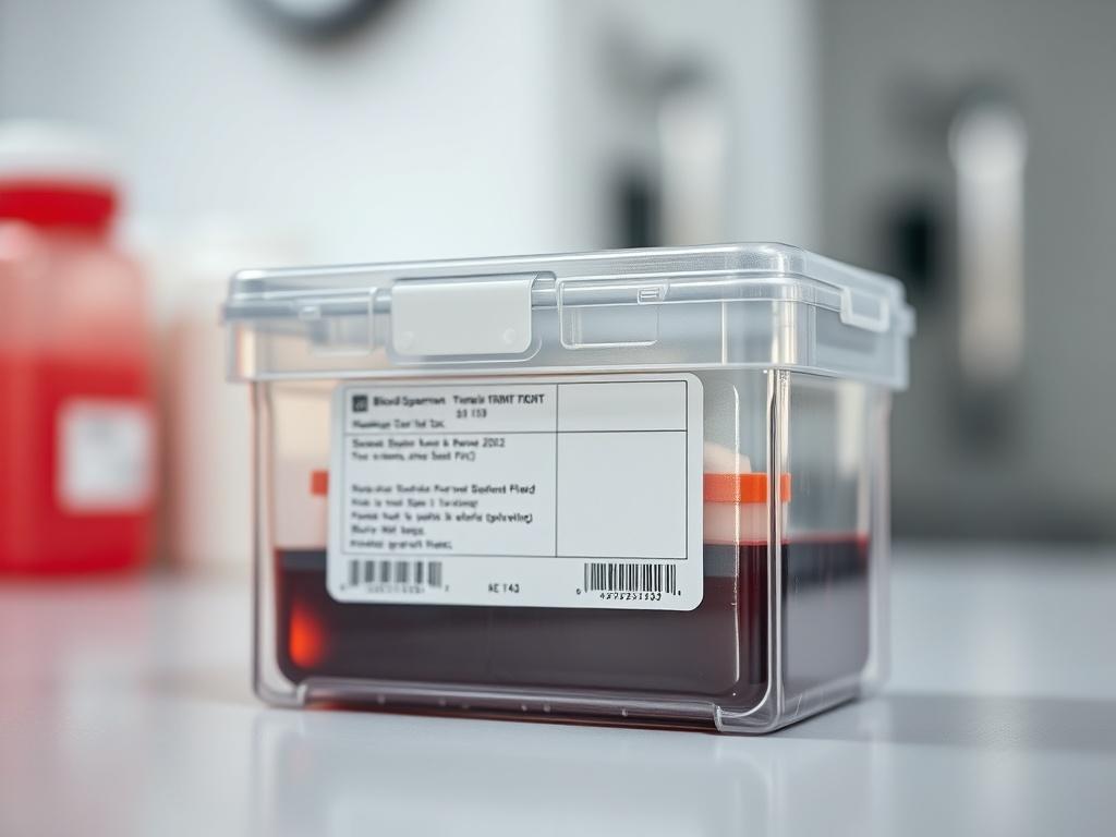 A close up image of a blood specimen transport box,