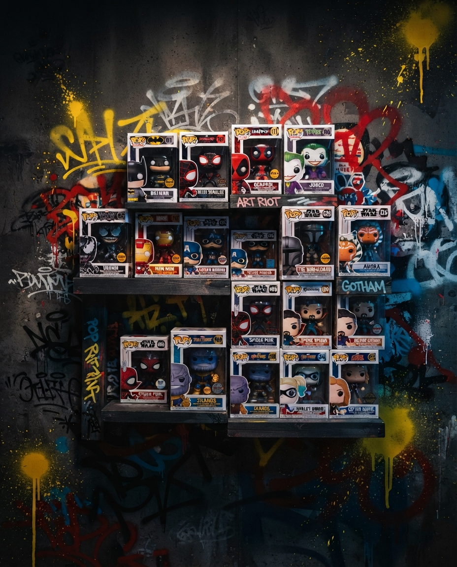 Premium Funko Pop collection with street art aesthetic