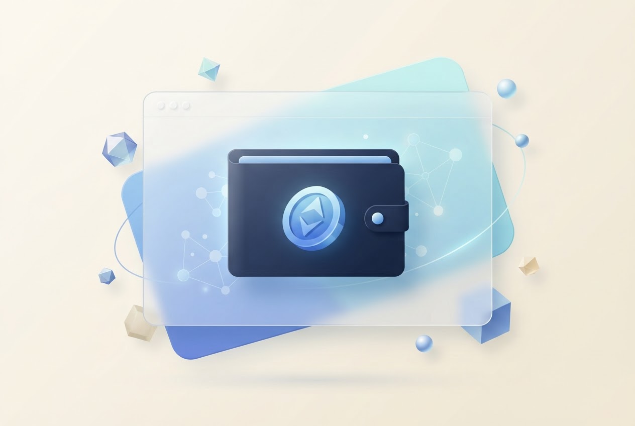 Illustration of a browser window with a digital wallet panel and connected Web3 nodes
