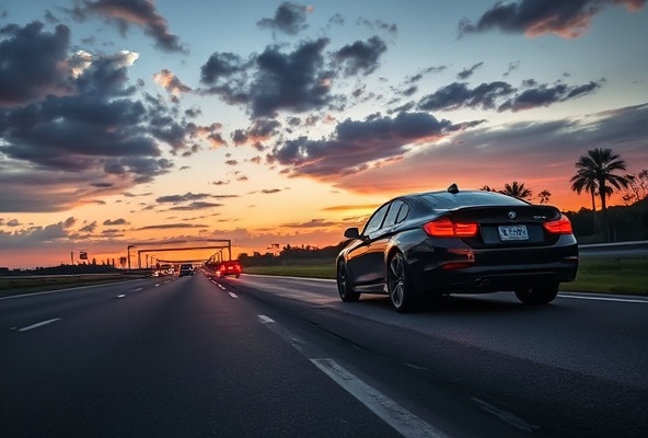 Professional roadside assistance vehicle on Florida highway at dusk