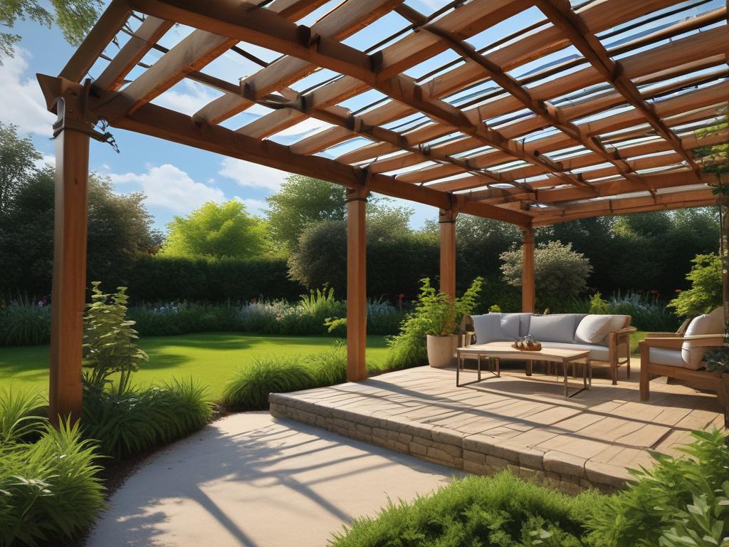 Custom-built pergola in a lush garden, showcasing natural wood textures, surrounded by green foliage, clear blue sky in the background, simple and clear composition focusing on the pergola as the main subject.