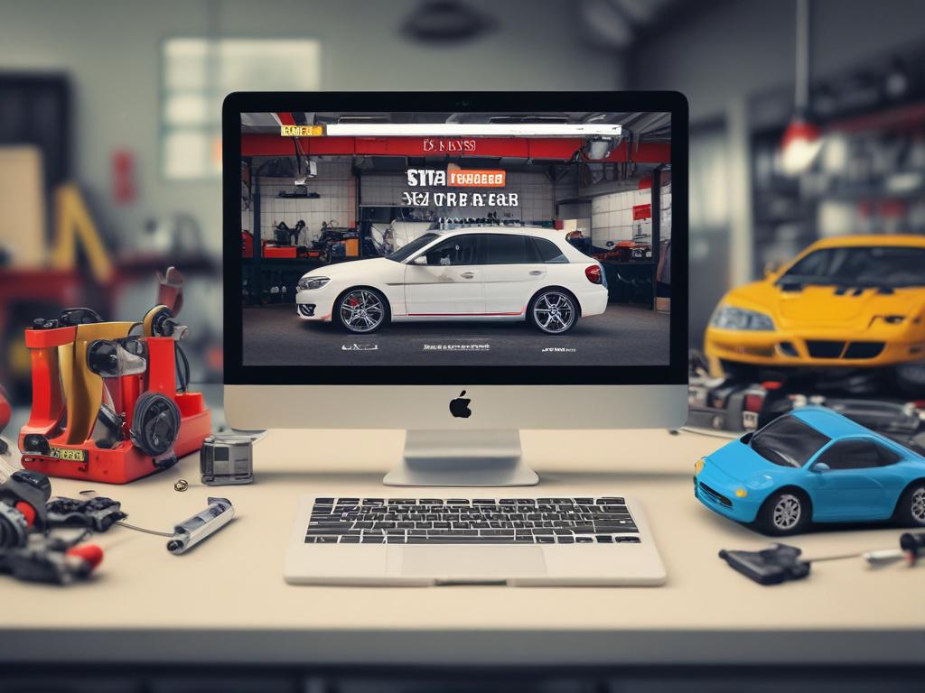 high-resolution close-up shot of a modern auto-repair shop website on a laptop, displaying vibrant images of vehicles being repaired, with a clean and user-friendly interface, soft background blur to focus on the laptop, shot in natural lighting, RGB(245, 77, 77) accents in the design