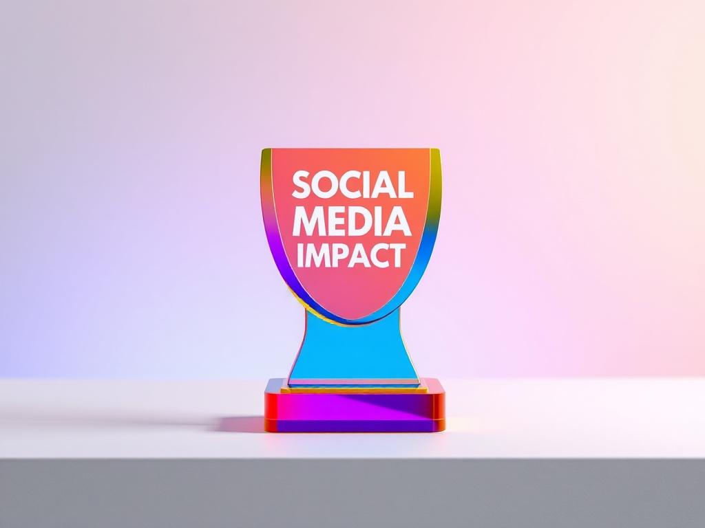 A vibrant, high-resolution image of a trophy for the Social Media Impact Award, showcasing a unique design that symbolizes digital engagement. The trophy should be colorful and eye-catching, placed on a clean, minimalist surface. The background should subtly incorporate elements of social media, like icons or hashtags, to enhance the theme of digital influence.