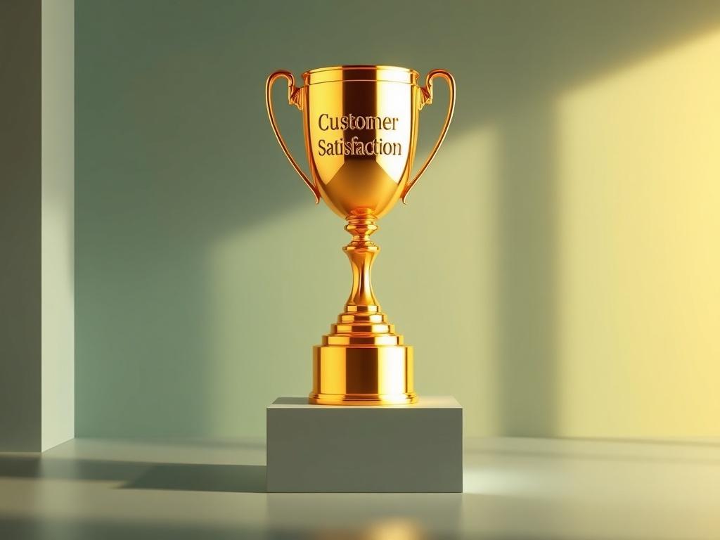 A high-resolution image focused on a stylish trophy symbolizing the Customer Satisfaction Award, placed on a sleek, modern pedestal. The trophy should be golden, reflecting light with a polished finish, set against a minimalistic background with soft lighting that enhances its elegance. The image should convey a sense of achievement and excellence in fashion.