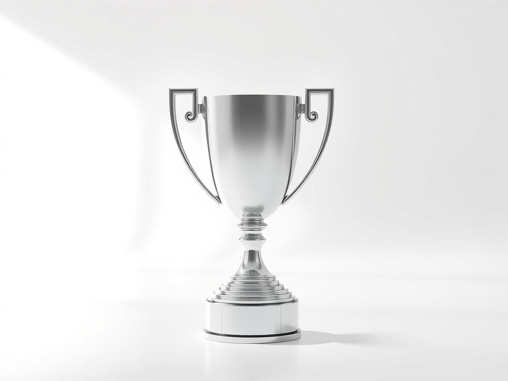 An elegant trophy representing the Emerging Designer Recognition, featuring a modern design with intricate details. The trophy should be silver with a matte finish, set against a bright, minimalistic backdrop. The focus should be on the trophy, emphasizing its significance in the fashion world, radiating a sense of future potential and creativity.