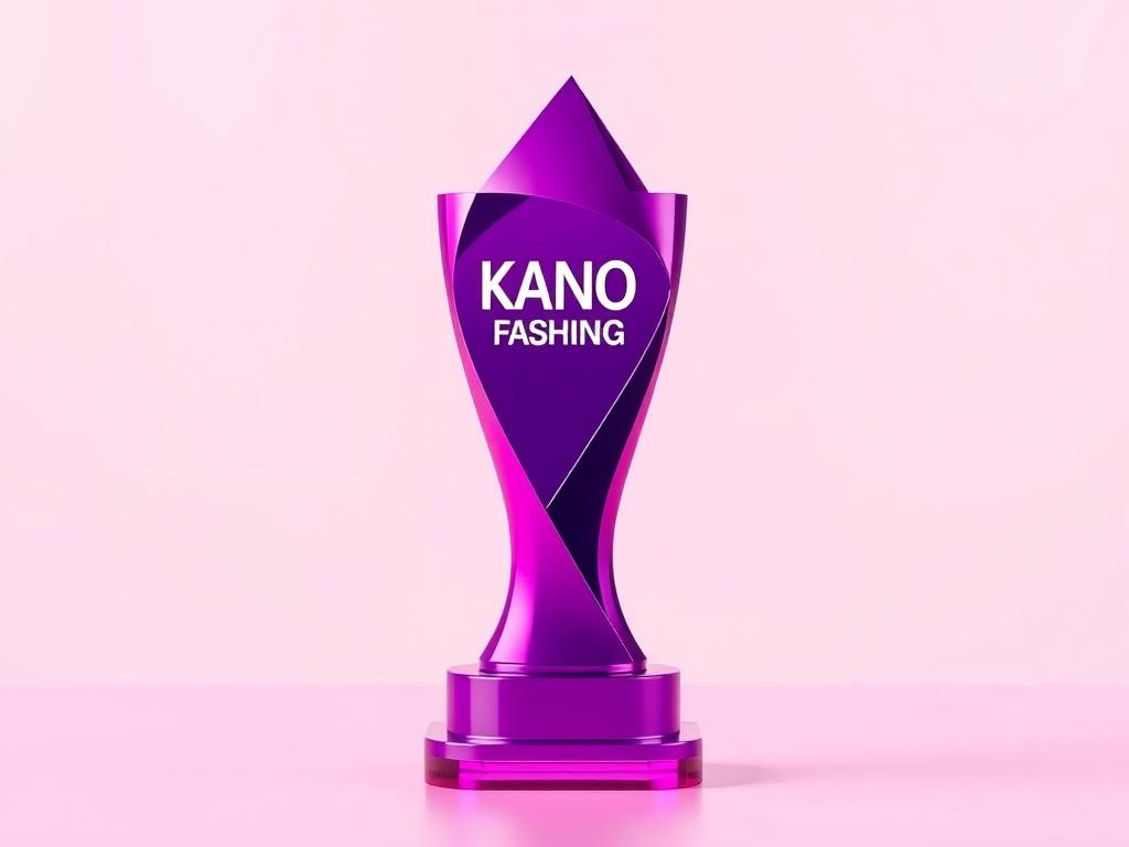 A realistic high-resolution photo of a stylish award trophy symbolizing the Kano Fashion Award. The trophy should be elegantly designed, with clean lines and a bold vibrant color palette. The background should be minimalistic, focusing solely on the trophy, with soft lighting that enhances its features. The composition should clearly highlight the trophy as the single subject.