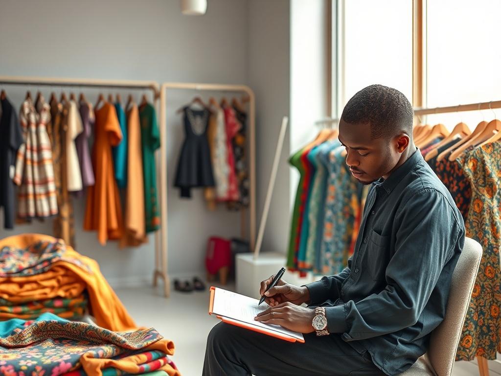 A young Nigerian fashion designer in a modern studio, surrounded