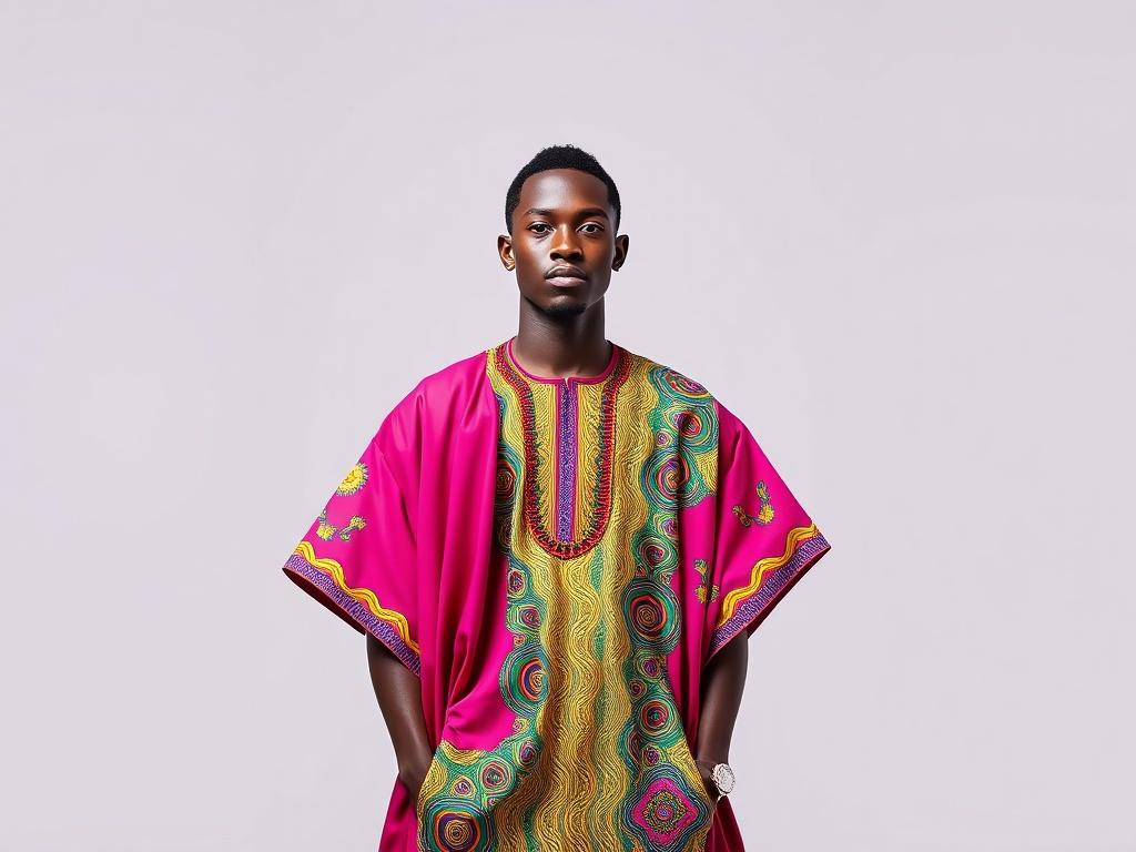 A stylish young Nigerian male model, Ahmad Aminu Musa, standing confidently in a vibrant traditional attire against a minimalistic backdrop. The outfit features bold patterns and colors, showcasing creativity and modern fashion trends. The lighting highlights the intricate details of the fabric while keeping the focus on Ahmad's charismatic expression. The image captures a blend of tradition and contemporary fashion, inviting viewers into the world of Ahmad Aminu Musa Fashion Designs.