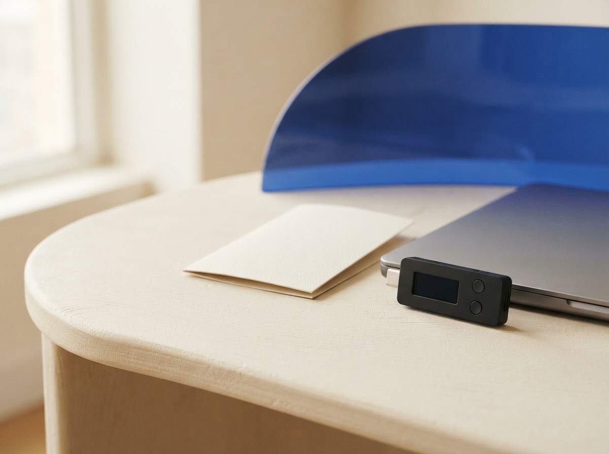 A black hardware wallet, laptop, and setup card on a calm studio desk