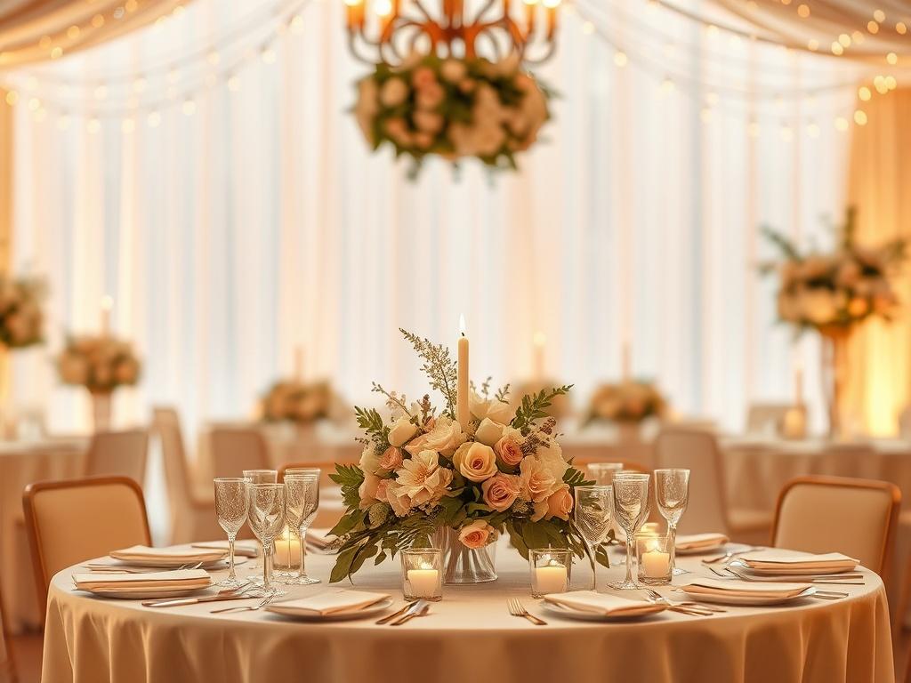 A beautifully arranged event space showcasing elegant floral arrangements, soft