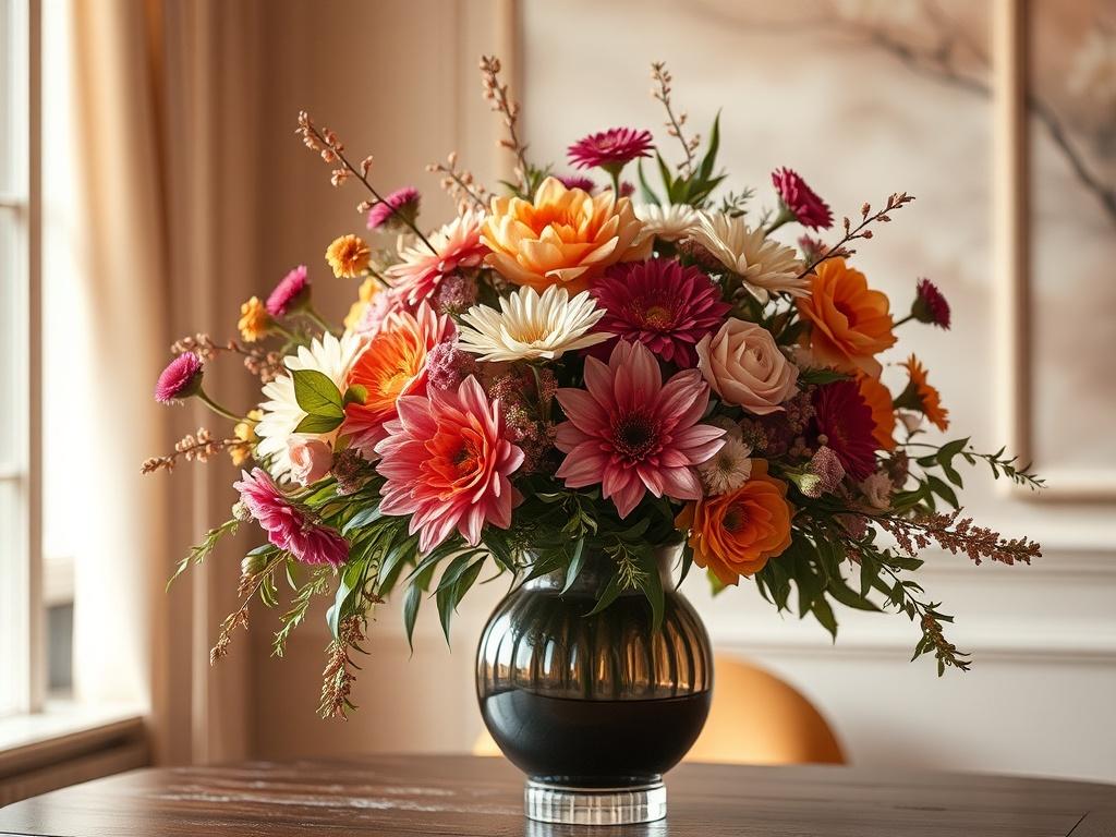 An exquisite floral arrangement featuring a mix of vibrant and