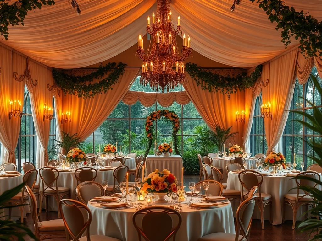 A serene, elegant wedding venue with soft lighting and cozy