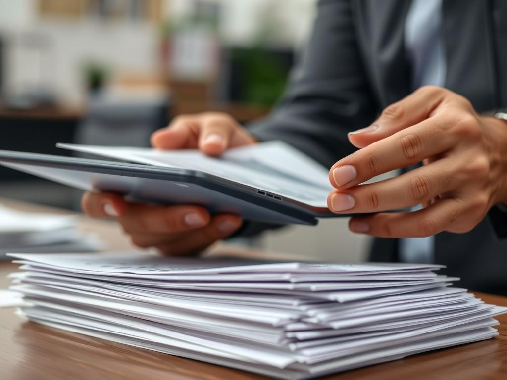 A close up of an analyst reviewing a stack of