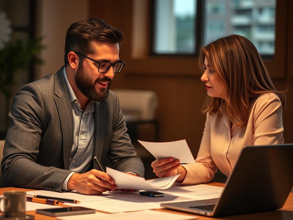 A professional setting with a small business owner discussing documents