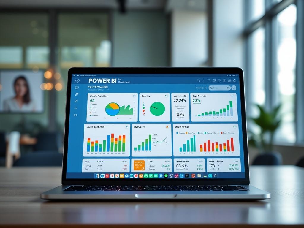 A close-up of a modern laptop displaying a vibrant Power BI dashboard filled with charts and graphs representing sales metrics. The background should be a sleek, minimalist office space with soft natural lighting, emphasizing a professional environment. The laptop screen should be the focal point, showcasing clear data visualizations in striking colors, with a hint of green to reflect the brand's primary color.