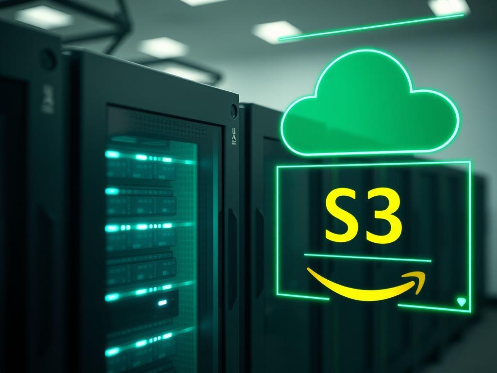 A close-up shot of a modern cloud server setup, showcasing sleek physical servers with a glowing blue light, next to a digital representation of AWS S3 cloud storage graphics. The background should be minimalistic, focusing on the servers and cloud graphics, with a focus on the vibrant green RGB color (rgb(50, 170, 39)) to highlight the technology.