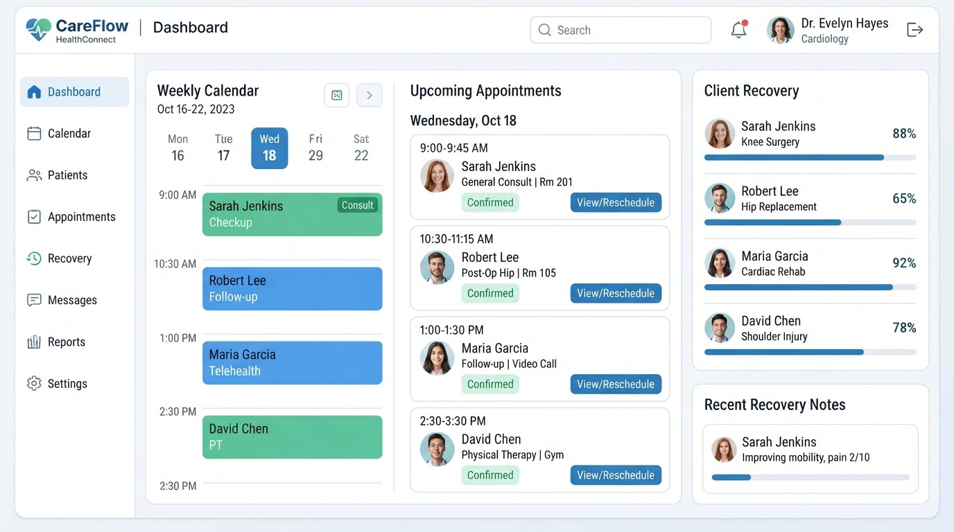 Recovery scheduling dashboard interface
