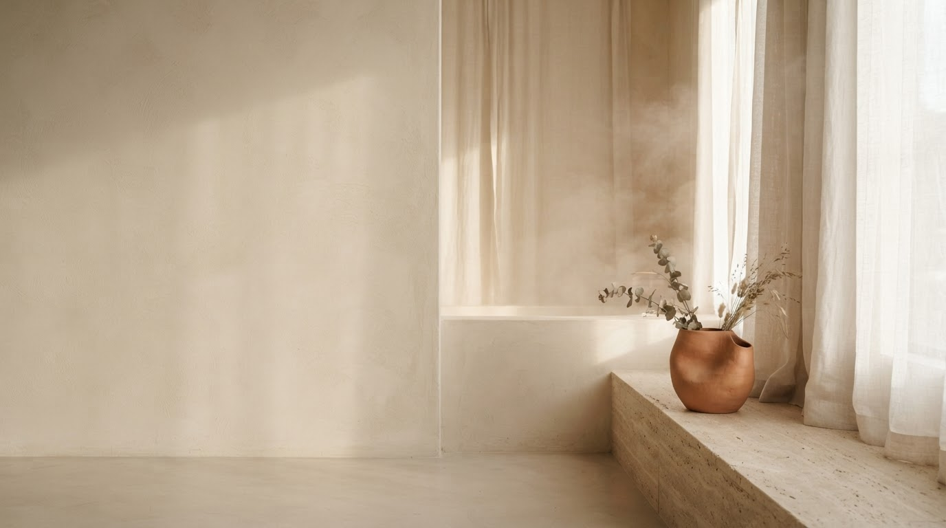 Warm sunlit spa still life with sheer linen drapery and terracotta ceramics