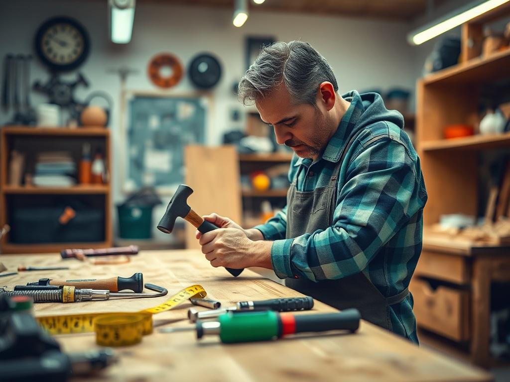 A close-up shot of a skilled handyman working diligently in a well-organized workshop. The handyman is focused on repairing a piece of furniture, showcasing tools such as a hammer, screwdriver, and measuring tape neatly arranged on the workbench. The background features a warm, inviting atmosphere with soft lighting, emphasizing the craftsmanship and attention to detail. The colors are vibrant, with an emphasis on green accents to match the primary color rgb(50, 170, 39). The overall composition is simple a