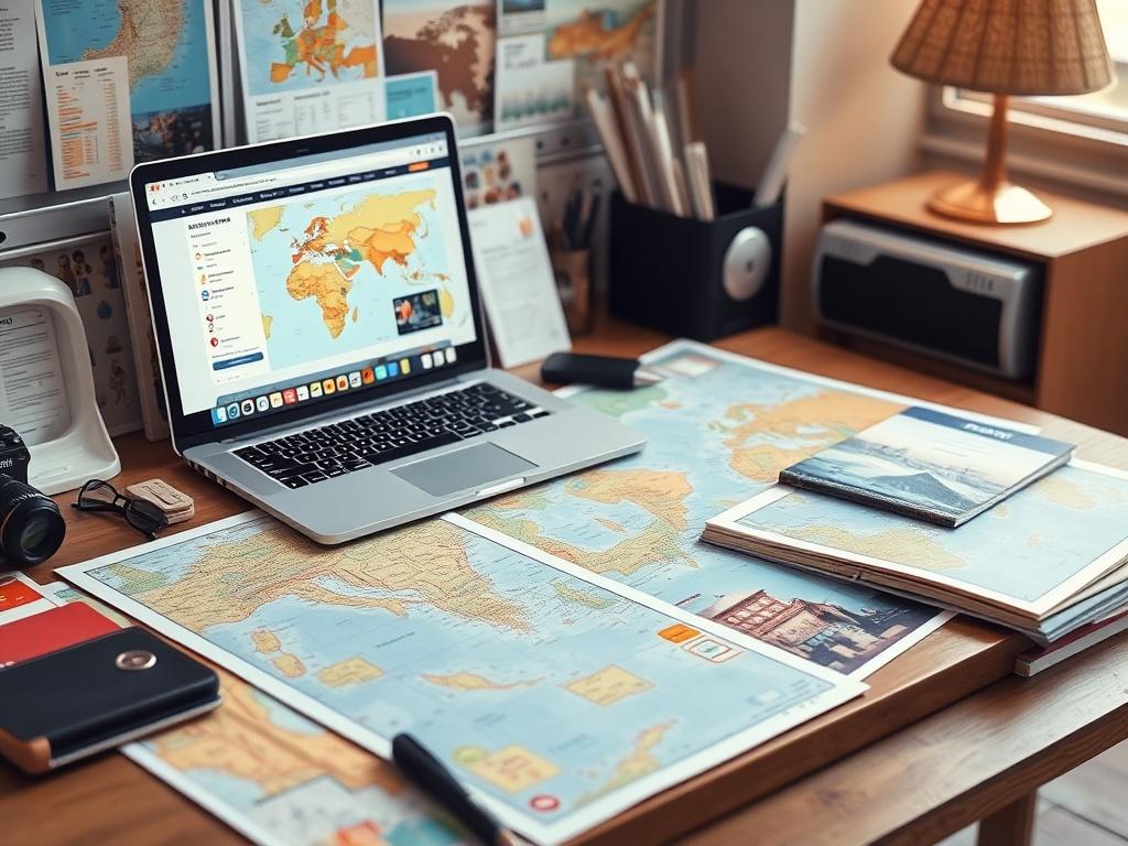 A close-up shot of a travel agent's desk filled with maps, travel brochures, and a laptop open on a travel website. The composition should be simple and clear, with the focus on a neatly arranged desk that showcases travel planning materials. The background should be softly blurred to highlight the desk's details. The primary color should be rgb(50, 170, 39) to create a vibrant and inviting atmosphere.