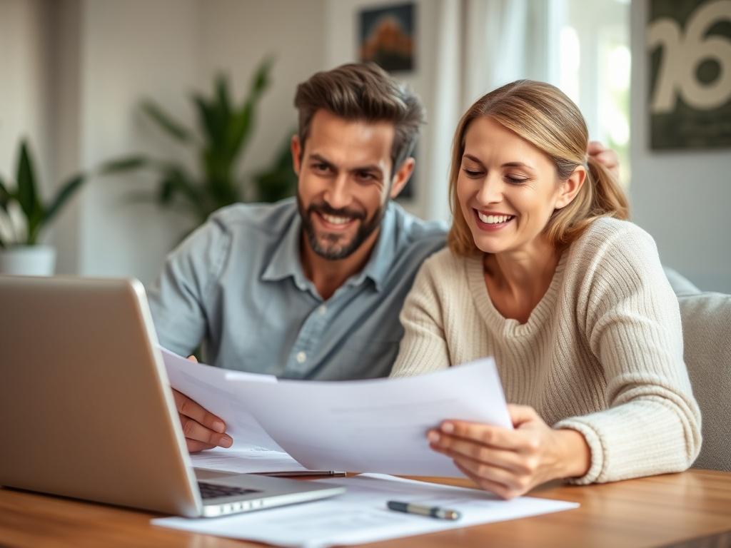 A close-up shot of a smiling couple sitting at a table with financial documents and a laptop, discussing their home mortgage options. The couple appears engaged and optimistic, surrounded by a cozy, well-lit home environment that reflects warmth and stability. The background features soft, blurred edges with hints of greenery, conveying a sense of growth and security.